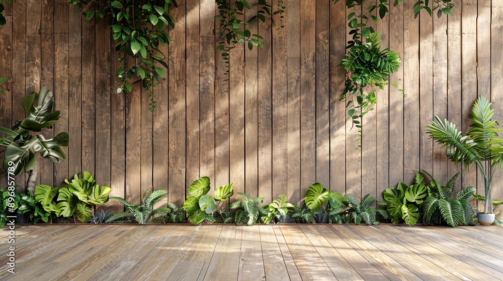 Wooden Wall with Greenery and Sunlight Wooden Wall with Greenery and Sunlight