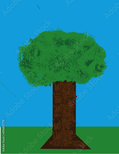 A simple tree with blue sky background, green tree, green and brown and blue colors, tree illustration vector, suitable for educational content and cartoon creation and kids stories, good for signs
