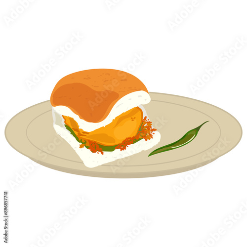 Vada Pav vector illustration, maharashtra famous vada pav, vada pao, south mumbai authentic food, mumbai famous breakfast, famous street food, bombay vada pav, spicy chutney, green chilli, garlic