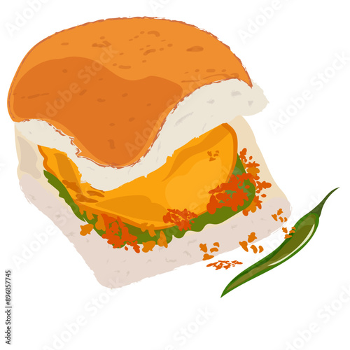 Vada Pav vector illustration, maharashtra famous vada pav, vada pao, south mumbai authentic food, mumbai famous breakfast, famous street food, bombay vada pav, spicy chutney, green chilli, garlic
