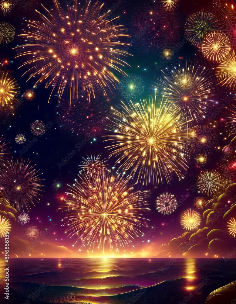 Naklejka premium 花火が豪華絢爛に彩る夜空