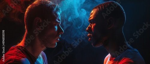 Tense confrontation between two individuals captured through intense body language and dramatic lighting photo