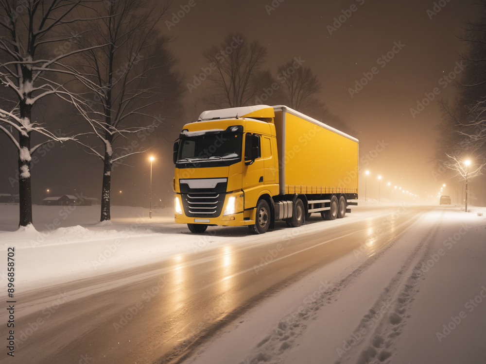 yellow truck on a snowy road at night yellow truck on a snowy road at night