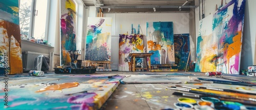 Insight into a dynamic art studio with artists working on large canvases and scattered paints in a creative chaos