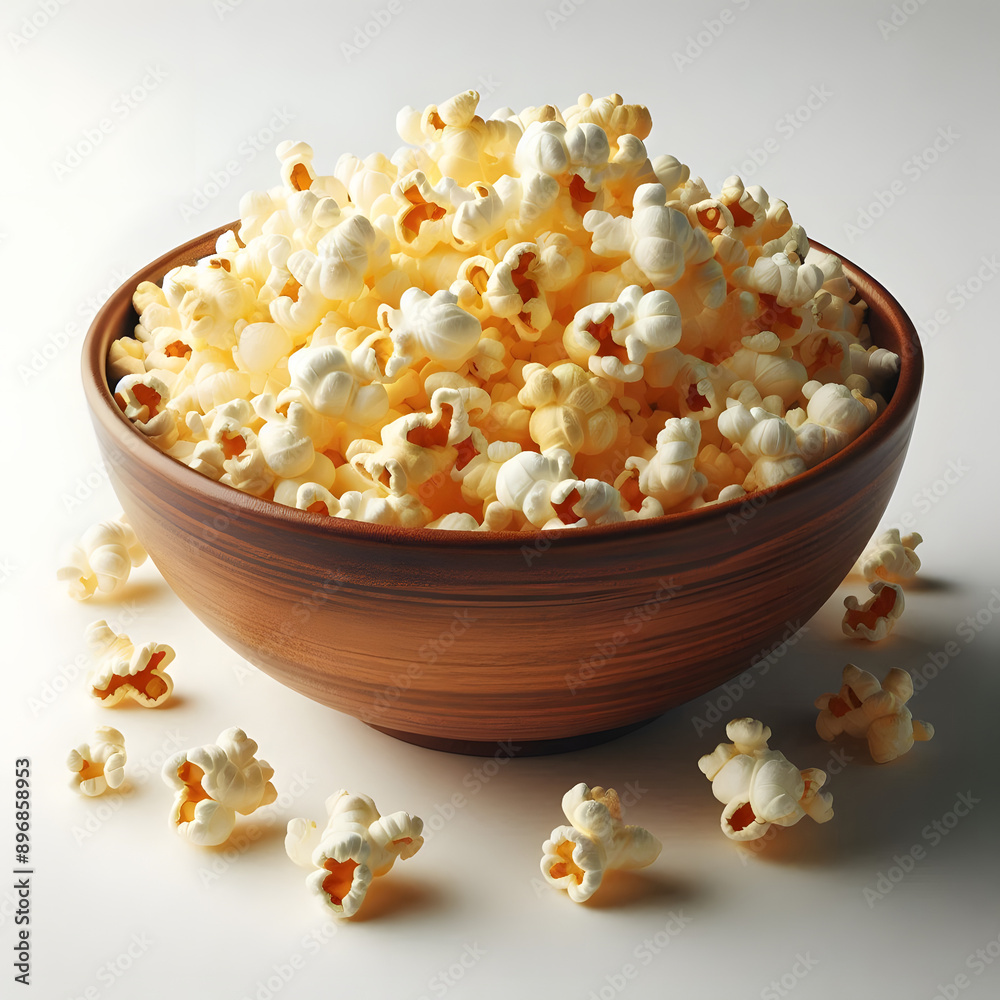Crispy Popcorn in Wooden Bowl | Isolated on White Background | Bright yellow popcorn in a wooden bowl against a white background, looking delicious and inviting Crispy Popcorn in Wooden Bowl | Isolated on White Background | Bright yellow popcorn in a wooden bowl against a white background, looking delicious and inviting
