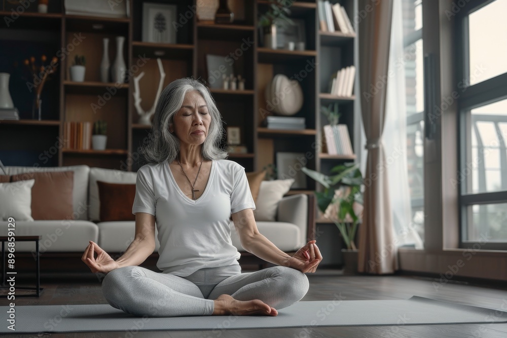 In a peaceful home, a senior woman gracefully practices yoga, demonstrating discipline, focus, and peace. The environment radiates balance and harmony, promoting a tranquil setting In a peaceful home, a senior woman gracefully practices yoga, demonstrating discipline, focus, and peace. The environment radiates balance and harmony, promoting a tranquil setting