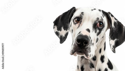 Dalmatian Dog with Black Spots on White Background, Curious Expression © DruZhi Art