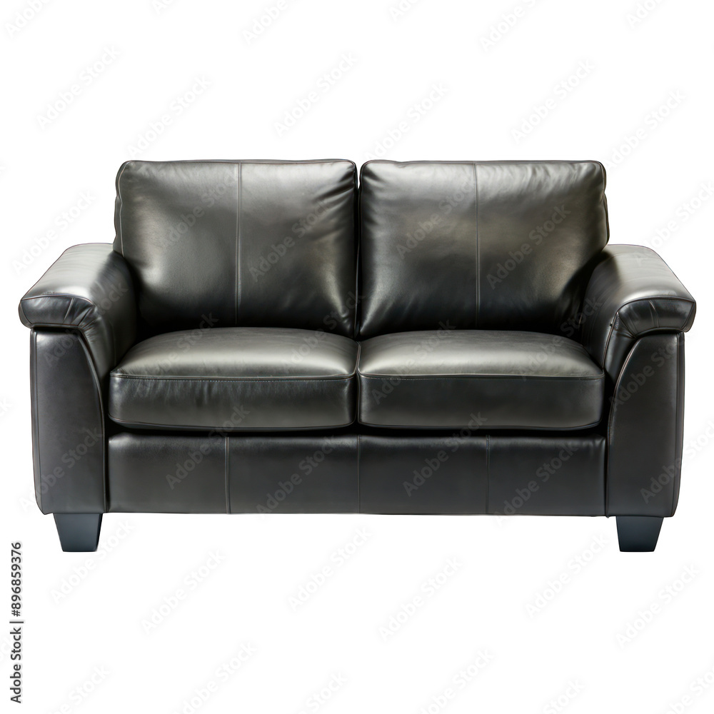 Fototapeta premium A black leather two-seater sofa isolated on transparent background