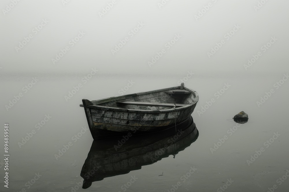 An old boat on still water on a foggy day creating reflections. An old boat on still water on a foggy day creating reflections.