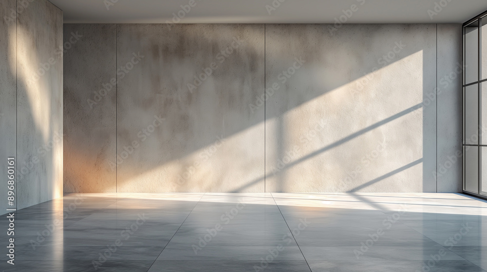 A blank white wall has sunlight reflecting from the window onto the smooth floor. A blank white wall has sunlight reflecting from the window onto the smooth floor.
