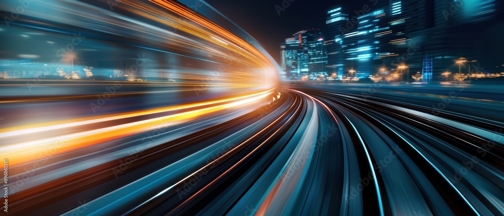 Dynamic Night Cityscape with Blurred Motion of Lights and Modern Skyscrapers in the Background Dynamic Night Cityscape with Blurred Motion of Lights and Modern Skyscrapers in the Background