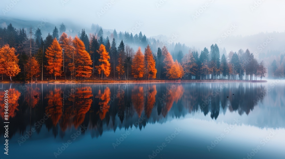 Obraz premium Stunning Autumn Forest Reflected in Calm Lake with Misty Mountains in the Background