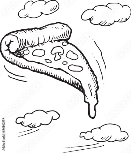 hand drawn pizza doodle flying in the sky vector illustration photo