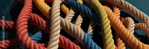 Vibrant, colorful woven ropes intertwined on a black background. Represents connection, unity, and strength. Perfect for concepts of teamwork and diversity.