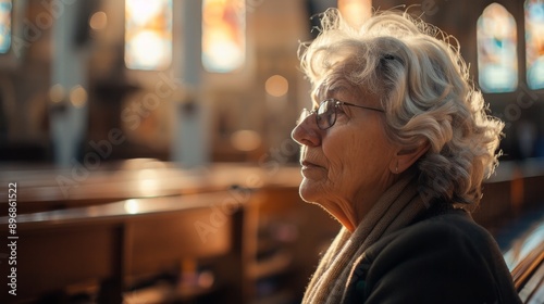 Elderly Woman Praying in a Nearly Empty Church with Shallow Depth of Field, Focus on the Woman, Reflective and Serene Atmosphere