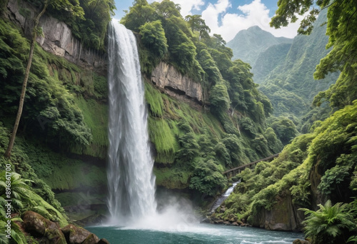  A majestic waterfall cascading down a lush mountainside. 