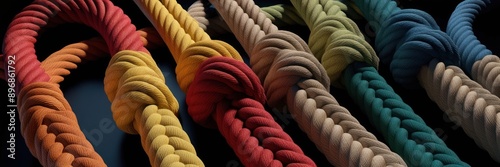 Vibrant, colorful woven ropes intertwined on a black background. Represents connection, unity, and strength. Perfect for concepts of teamwork and diversity.