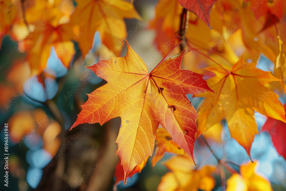 Beautiful yellow red and orange leaves in an autumn park on a br Beautiful yellow red and orange leaves in an autumn park on a br
