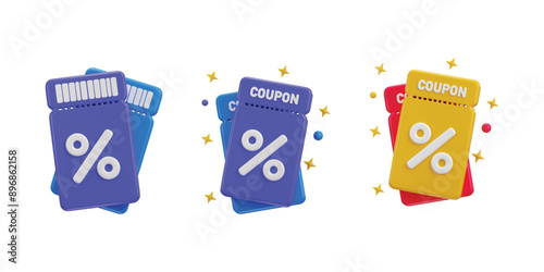 Coupon tag icon set with percent symbol 3d render concept of discount coupon icon vector illustration