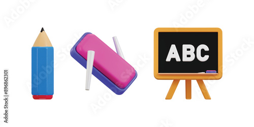 3D Education icon set on pencil, blackboard and chalk and duster icon 3d rendering vector illustration