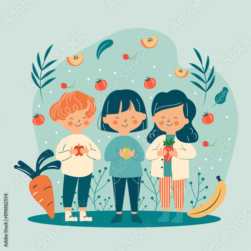 Illustration of three kids holding fruits and vegetables and standing 