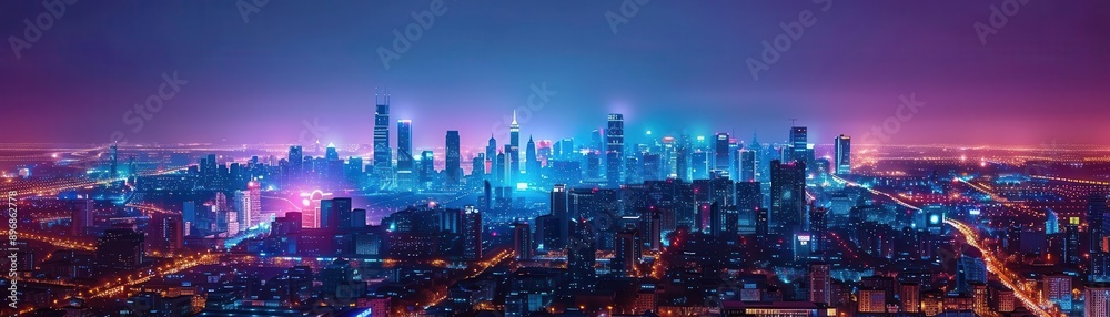 Naklejka premium Downtown cityscape, night view, bright lights illuminating streets and buildings, urban glow, high contrast, photorealistic, electric blue and purple hues