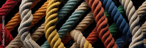 Vibrant, colorful woven ropes intertwined on a black background. Represents connection, unity, and strength. Perfect for concepts of teamwork and diversity.