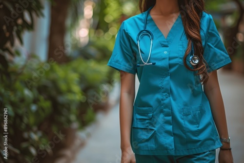 Woman in medical scrubs walking in a lush green outdoor setting.