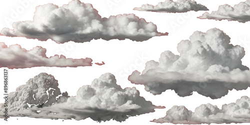 Set of vector clouds or smoke on an isolated transparent background. Vector realistic white soft cutout clean cumulus cloudscape cut out specials fog on transparent background.