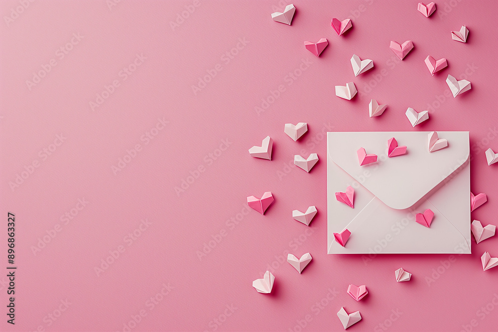 love letter envelope with paper craft hearts - flat lay on pink valentines or anniversary background with copy space love letter envelope with paper craft hearts - flat lay on pink valentines or anniversary background with copy space