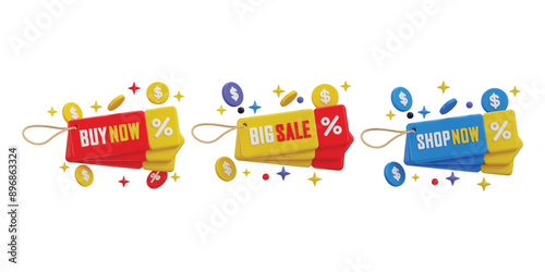 Big Sale, buy now and shop now tag with discount percentage icon 3d render concept of discount offer tag 3d icon	