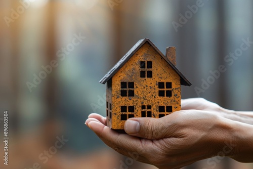 Small rusty house model held in hands with blurry forest backdrop.