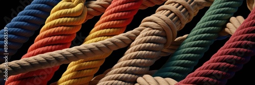 Vibrant, colorful woven ropes intertwined on a black background. Represents connection, unity, and strength. Perfect for concepts of teamwork and diversity.