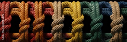 Vibrant, colorful woven ropes intertwined on a black background. Represents connection, unity, and strength. Perfect for concepts of teamwork and diversity.