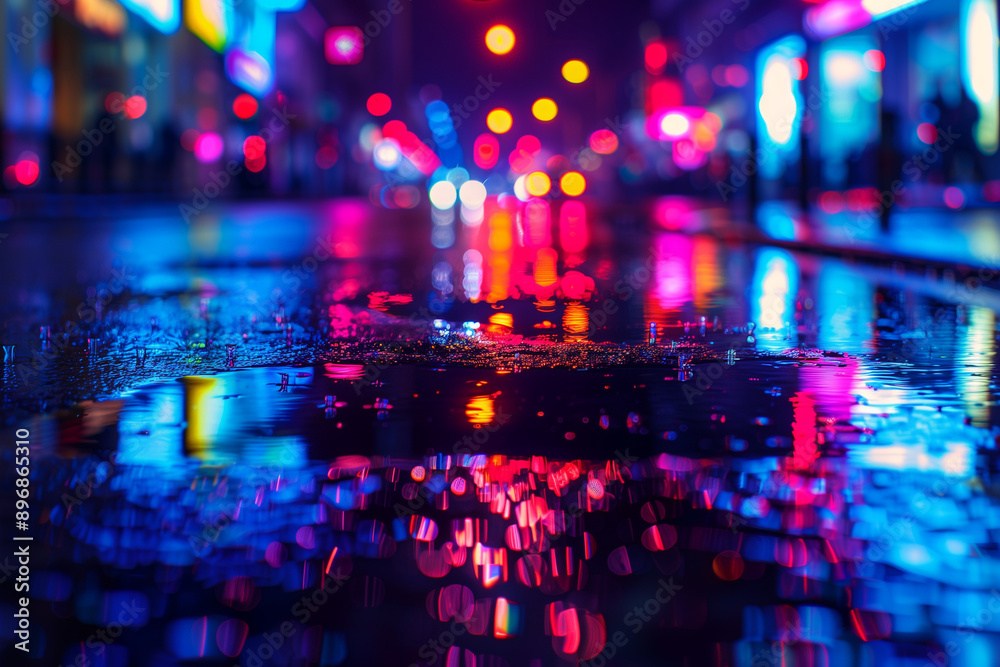 Fototapeta premium Multi-colored neon lights on a dark city street, reflection of neon light in puddles and water. Abstract night background, blurred bokeh light. Night view colorful