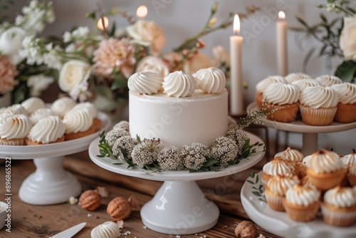 Wallpaper Mural Beautiful wedding cake surrounded by flowers and cupcakes setup Torontodigital.ca