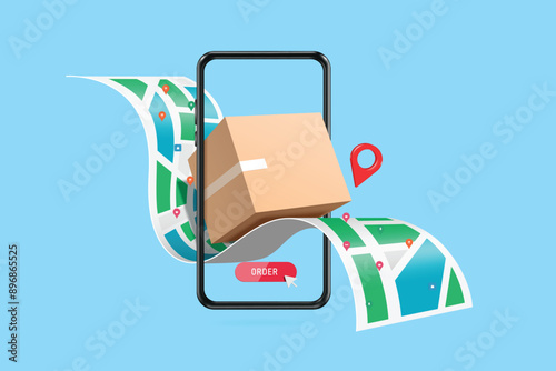 Parcel boxes or cardboard boxes are delivered to customers according to GPS plans. After customer presses the red order button below, vector 3d isolated on blue background for delivery concept design