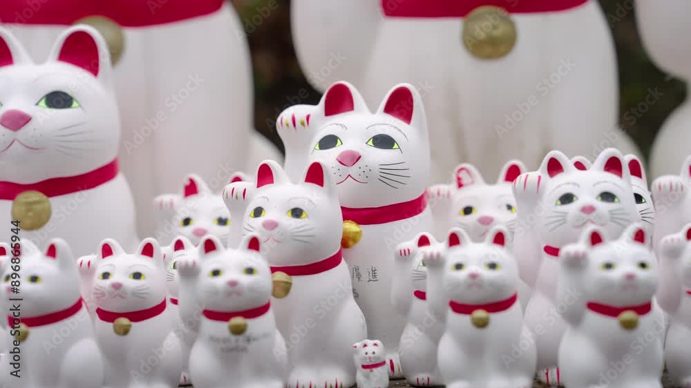 Waving Maneki-Neko Statues At Gotoku-ji Temple In Tokyo, Japan. Close-up Shot Waving Maneki-Neko Statues At Gotoku-ji Temple In Tokyo, Japan. Close-up Shot