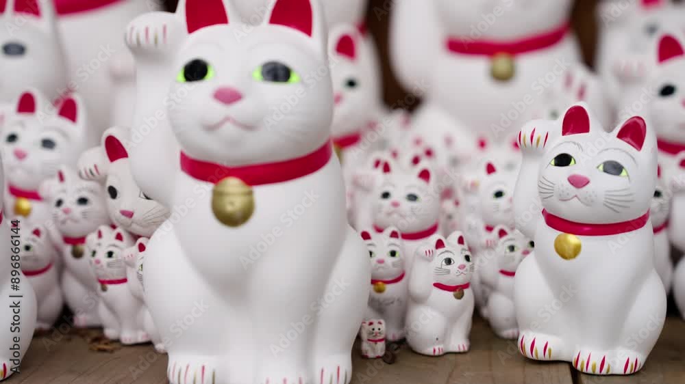 Maneki-Neko - Japanese Beckoning Cat Ceramic Figurines At Gotokuji Temple In Tokyo, Japan. closeup, pullback rack focus Maneki-Neko - Japanese Beckoning Cat Ceramic Figurines At Gotokuji Temple In Tokyo, Japan. closeup, pullback rack focus