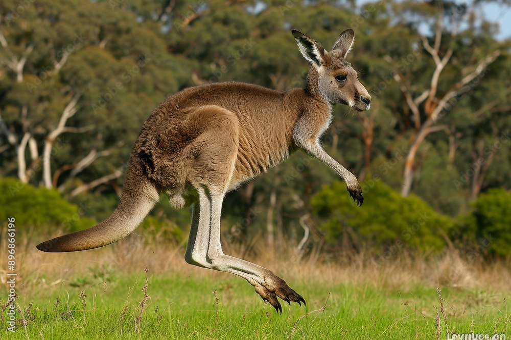 A kangaroo mid jump with its hind paws just above the ground, capturing the dynamic movement in its natural environment. The scene emphasizes the agility and energy of the animal. A kangaroo mid jump with its hind paws just above the ground, capturing the dynamic movement in its natural environment. The scene emphasizes the agility and energy of the animal.