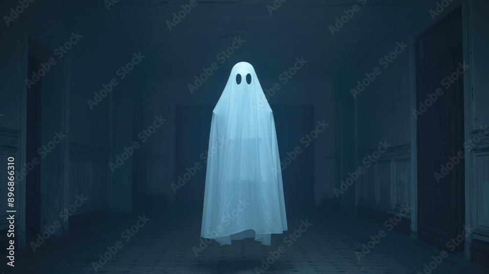 Ghostly ethereal figure floating in a dark abandoned mansion, eerie light and shadows, haunting and chilling, spectral