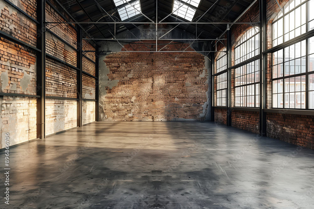 Industrial loft style empty old warehouse interior,brick wall,concrete floor and black steel roof structure Industrial loft style empty old warehouse interior,brick wall,concrete floor and black steel roof structure