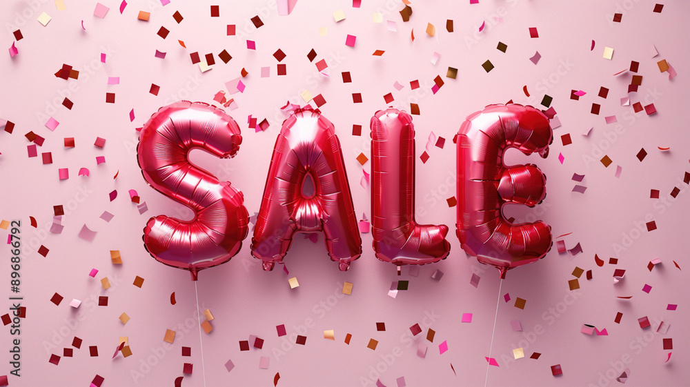 Promotion concept. Word Sale made of golden inflatable helium red balloons isolated on pink background. Season holidays sale creative idea Promotion concept. Word Sale made of golden inflatable helium red balloons isolated on pink background. Season holidays sale creative idea