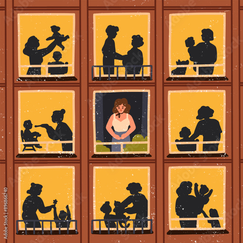 Childless woman, sad and lonely, dreaming of family and baby. Female character alone in apartment, wanting own kid, happy mother and children around. Infertility concept. Flat vector illustration