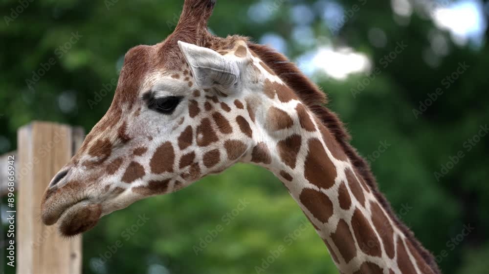 Giraffe with light brown spots and fine coat lowers head into feeding area at zoo, tree bokeh background, slow motion Giraffe with light brown spots and fine coat lowers head into feeding area at zoo, tree bokeh background, slow motion