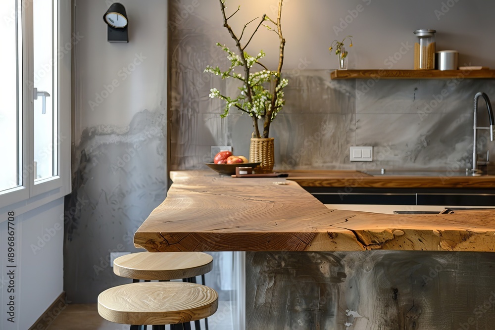 Interior of modern kitchen with wooden countertop, dining table and chairs Interior of modern kitchen with wooden countertop, dining table and chairs