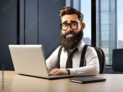 3d cartoon businessman with laptop