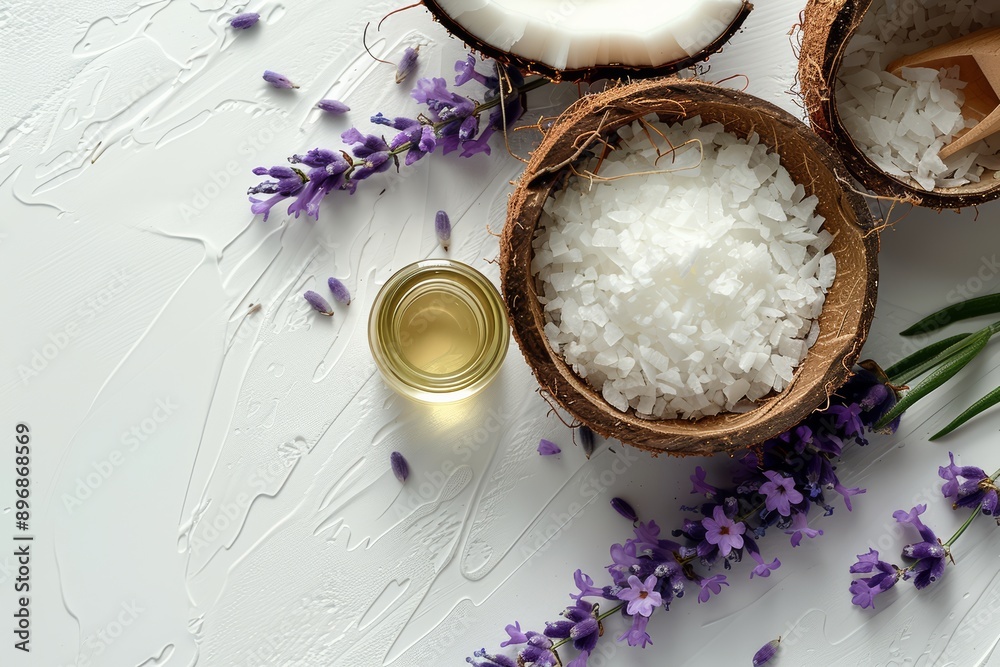 Aromatherapy setup with coconut, sea salt, lavender flowers, and essential oil on a white background, promoting relaxation and wellness. Aromatherapy setup with coconut, sea salt, lavender flowers, and essential oil on a white background, promoting relaxation and wellness.