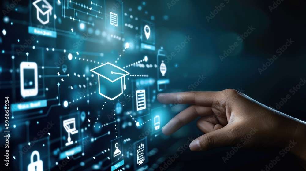 hand touching graduation cap on virtual screen hand touching graduation cap on virtual screen