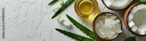 Top view of aloe vera leaves, coconut oil, and coconut pieces on a white background. Natural skincare and wellness ingredients.